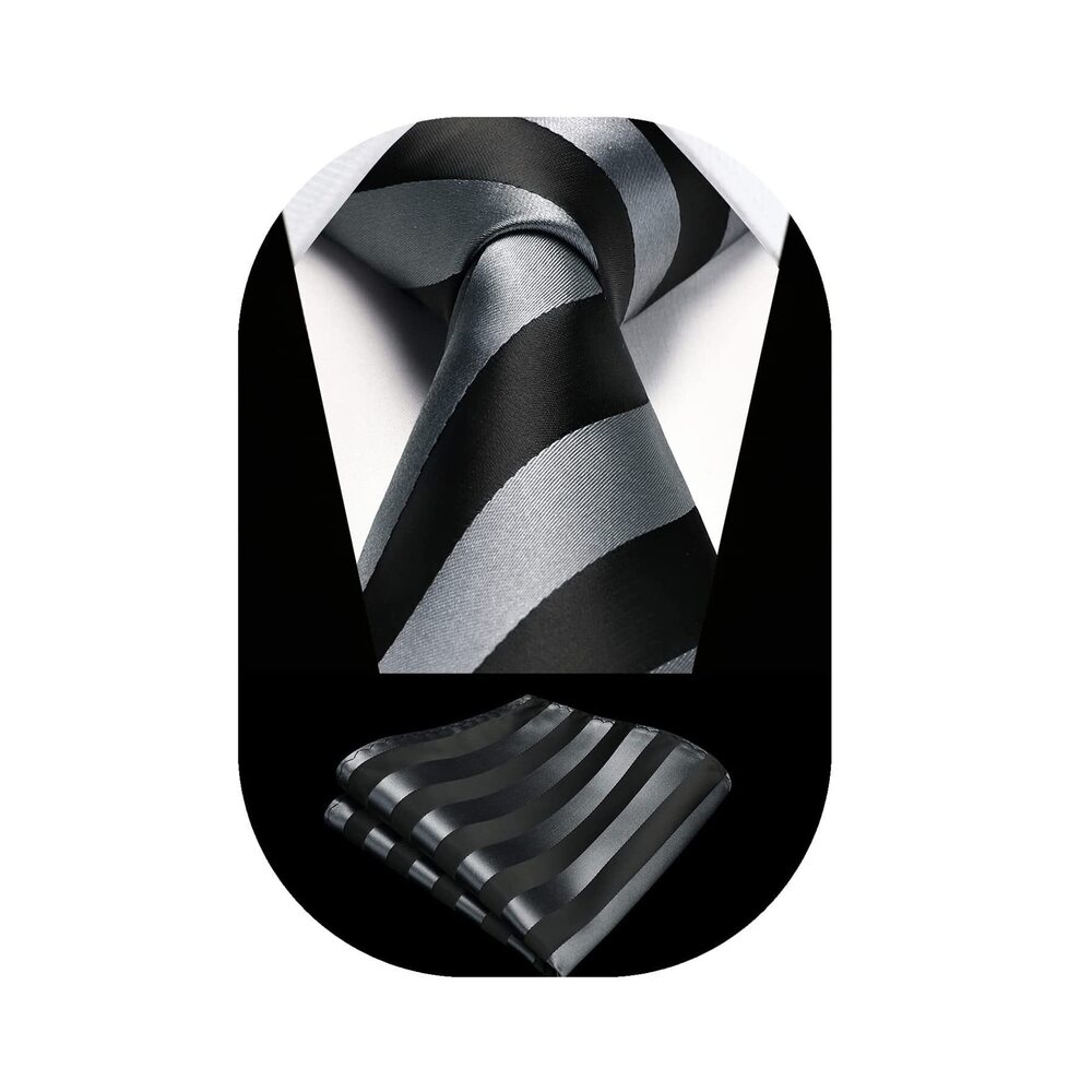 8998 Grey Stripe Tie Handkerchief Woven Classic 's Necktie & Pocket Square